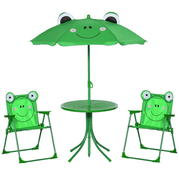 4 Piece Kids Patio Table Set, Frog Pattern Toddler Picnic Table with 2 Foldable Chairs & 6-Bone Sun Umbrella, Metal Frame Outdoor Play Dining Set for Ages 2-6
