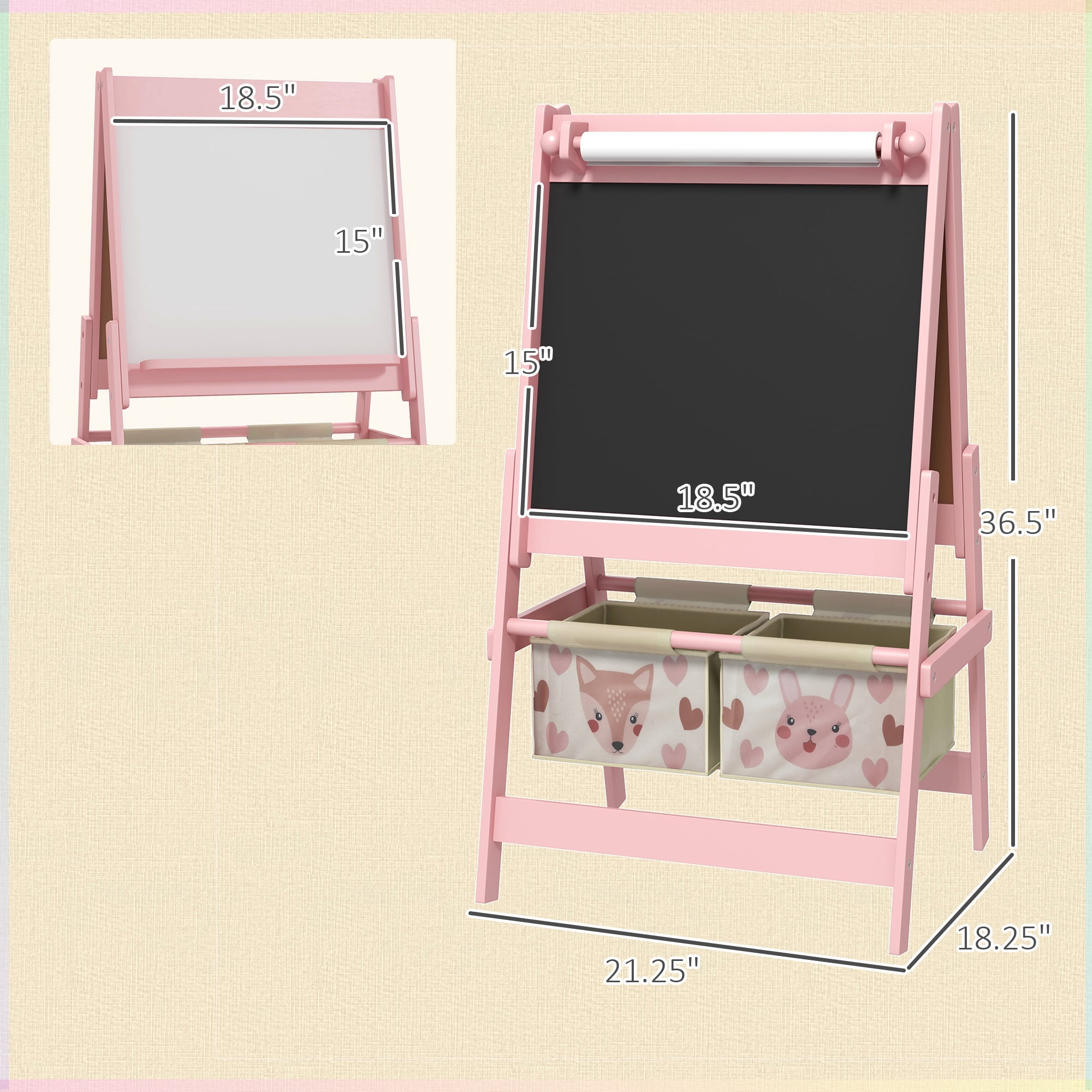 Qaba Art Easel for Kids with Paper Roll, 3 in 1 Toddler Painting Easel with Blackboard, Whiteboard, Storage Baskets, Pink