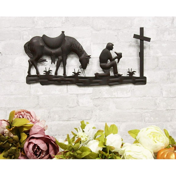 Ebros Gift 21" Wide Wild West Kneeling Cowboy with Horse in Solemn Prayer by The Cross Metal Aluminum Wall 3D Art Sign Plaque Inspirational Vintage Western Country Decor Sculpture