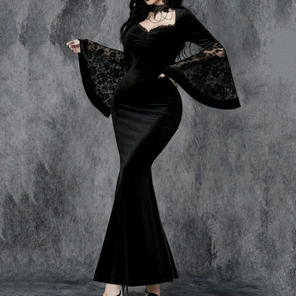 Women's Gothic Black Solid Color Lace Splicing Long Sleeves Dress