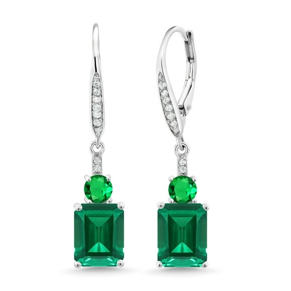 Gem Stone King 4.60 Cttw Green Nano Emerald Dangle Earrings for Women | 925 Sterling Silver | Gemstone May Birthstone | Emerald Cut 9X7MM