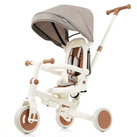 7 in 1 Baby Tricycle, Foldable Toddler Tricycle with Removable and Adjustable Parent Handle, Toddler Push Bike with Removable Pedal, Canopy, and Guardrail, Tricycle for 12-72 Months, ivory and brown