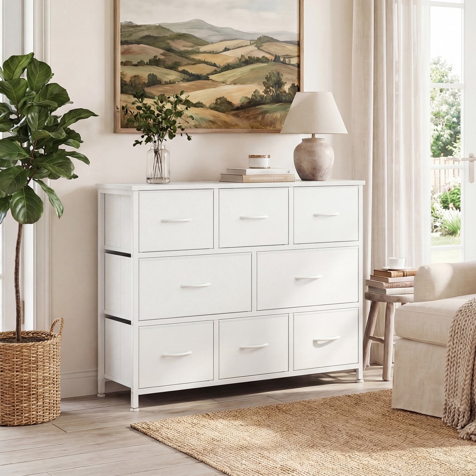 CONCETTA 8 Drawer Fabric Chest, Dresser for Bedroom, Wide Storage Tower for Closet, Living Room, Hallway, White