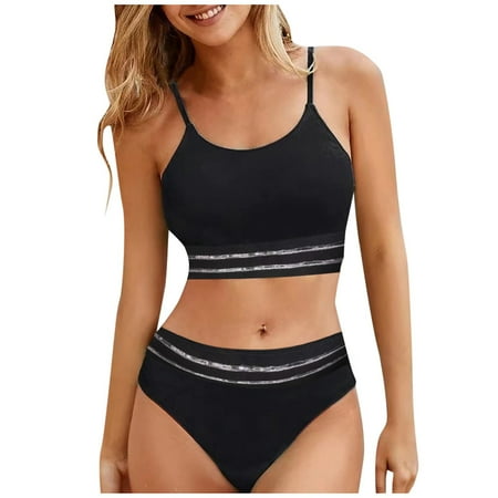 CBDElite High Waisted Bikini Set for Women Sexy Solid Color Triangle Two Pieces Swimsuit Bikini Top Swimming Suits Thong Bikini(Black S)