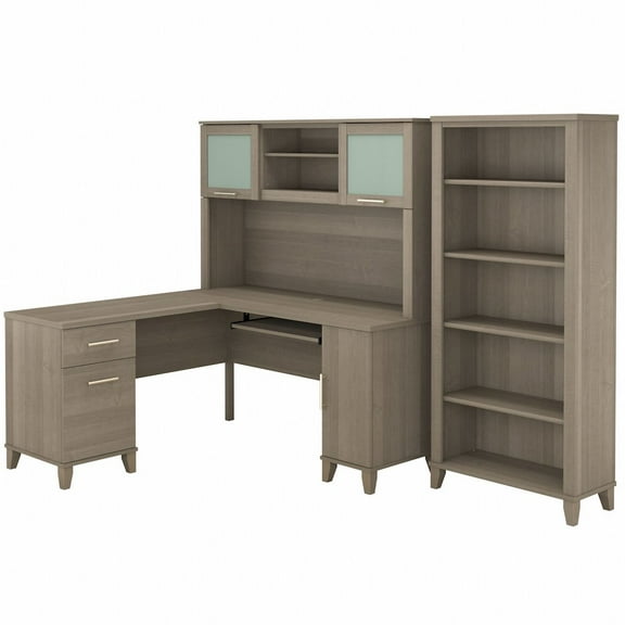 Somerset Engineered Wood 60"W L-Shaped Desk/Hutch/5 Shelf Bookcase in Ash Gray