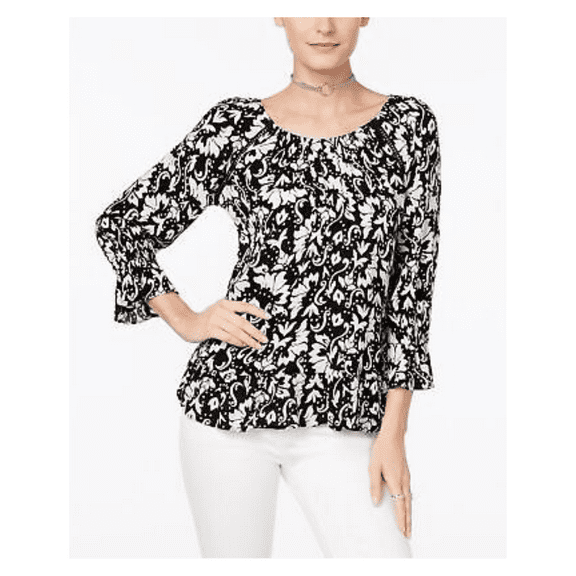 INC International Concepts Snow Flower Printed Peasant Top, Small