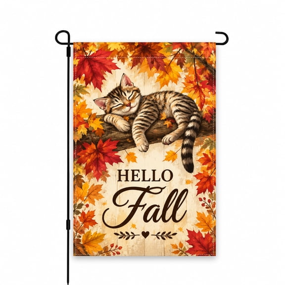 Charming Garden Flag 12"x18" - Cozy Cat on Branch with Fall Leaves, Perfect for Autumn Patio, Porch, Yard, Outdoor Decor, Seasonal Welcome Banner