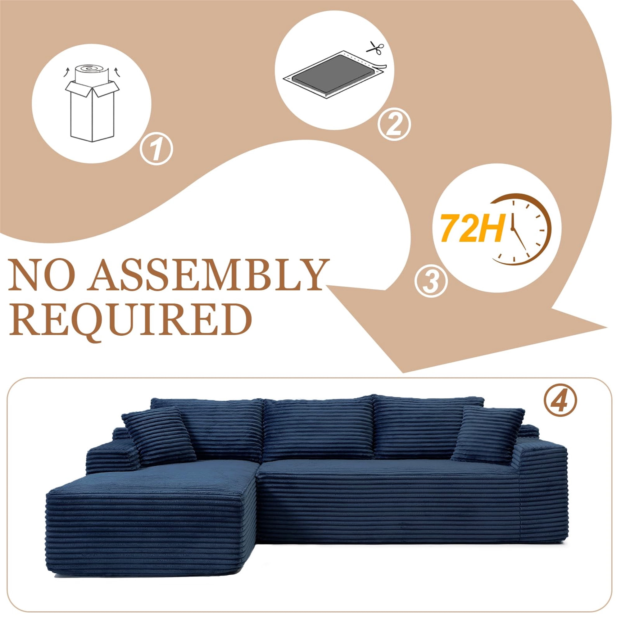 Aukfa 105" Cloud Sectional Sofa Boneless Couch Modular Sofa Bed for Living Room, 2Pillows, Left Chiase, Corduroy, Blue