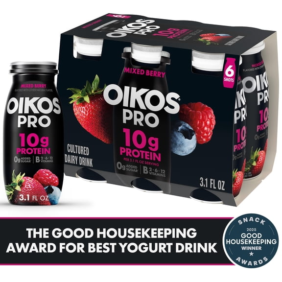 Oikos Pro Shots 10g Protein, Mixed Berry Cultured Dairy Drinks Bottles, 3.1 fl oz, 6 Count​