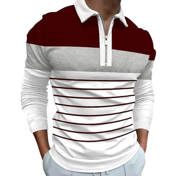 Gibobby Playera polo hombre Camiseta informal con estampado de colores de empalme de otoño para hombre, camiseta de manga larga con cuello vuelto(Rojo,XL)