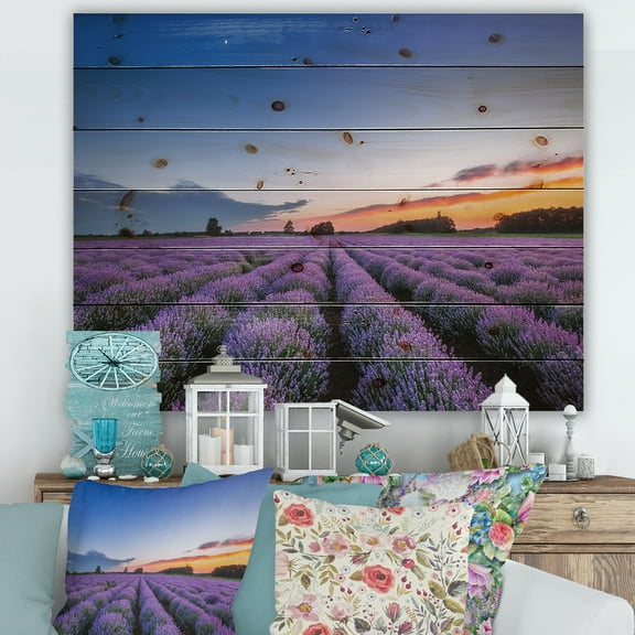 Designart 'Dramatic Clouds and Sunrise Over Lavender Field I' Farmhouse Print on Natural Pine Wood