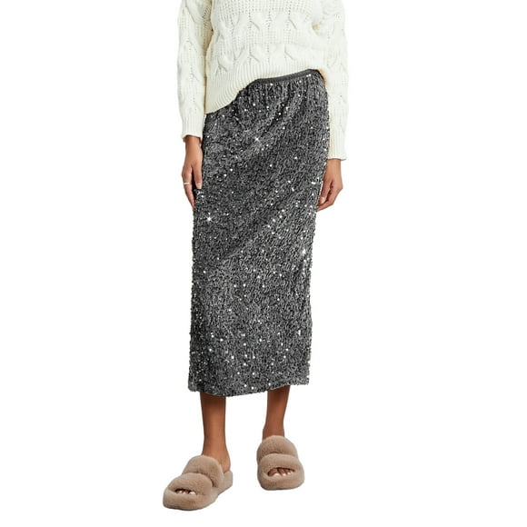 Gupgi Women Sequins Long Skirt Elegant Elastic Waist Shiny Skirts