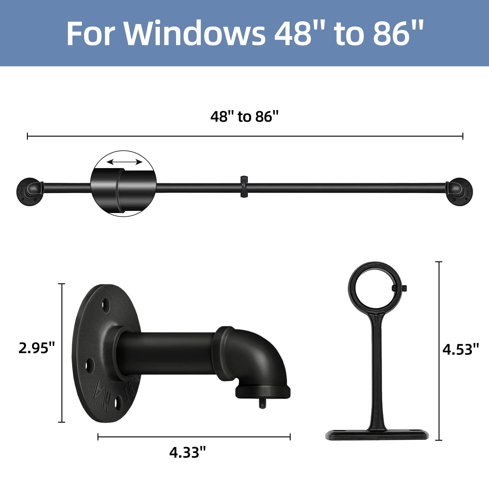 1 Inch Industrial Adjustable Curtain Rod for Windows 48 to 86,Indoor/Outdoor Pipe Wrap Around Curtain Rod