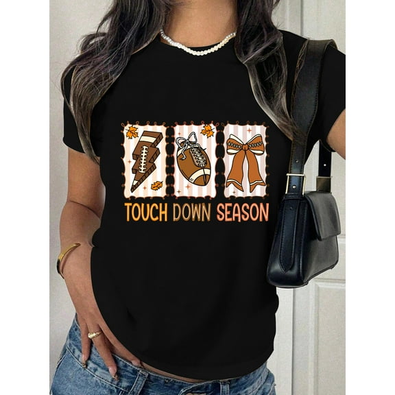 Fans Touch down Season Graphic T-Shirt Printed Short Sleeve Tee Top Graphic Tees Tops Black S-5XL