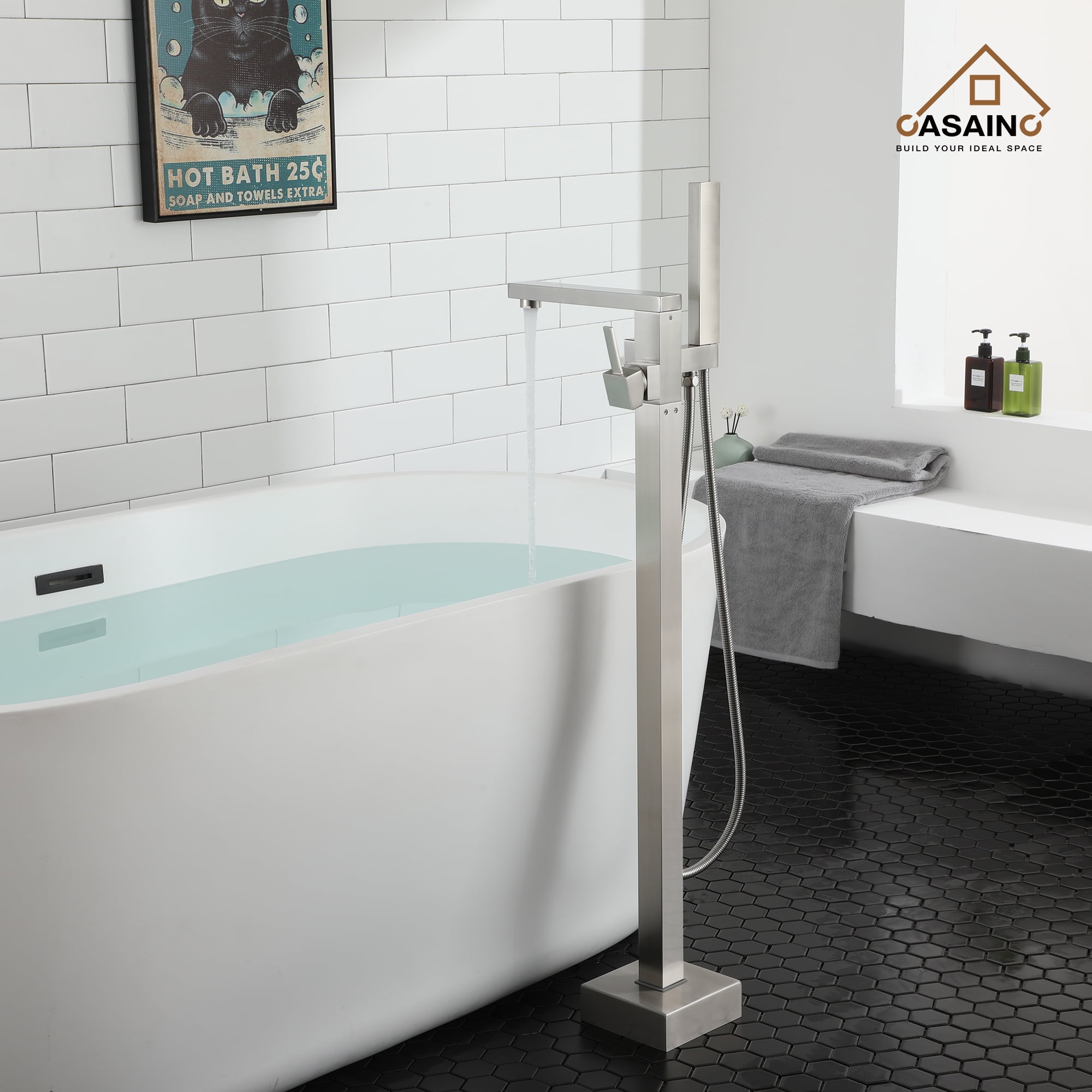 Casainc Freestanding Bathtub Faucet Swivel Spout Floor Mount with Handheld Shower Brushed Nickel A