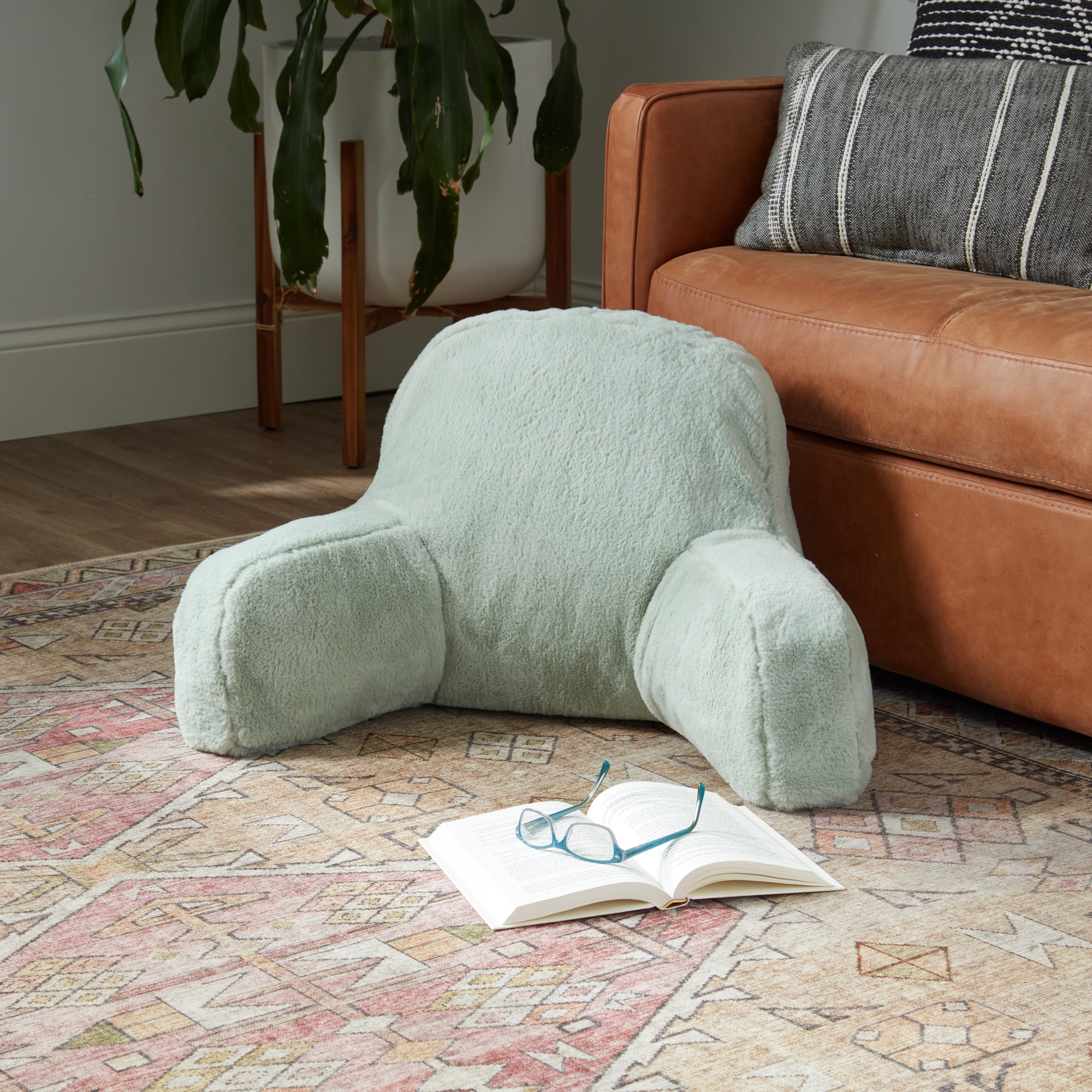 Faux Fur Bed Rest Pillow with Removable Cover, Pistachio