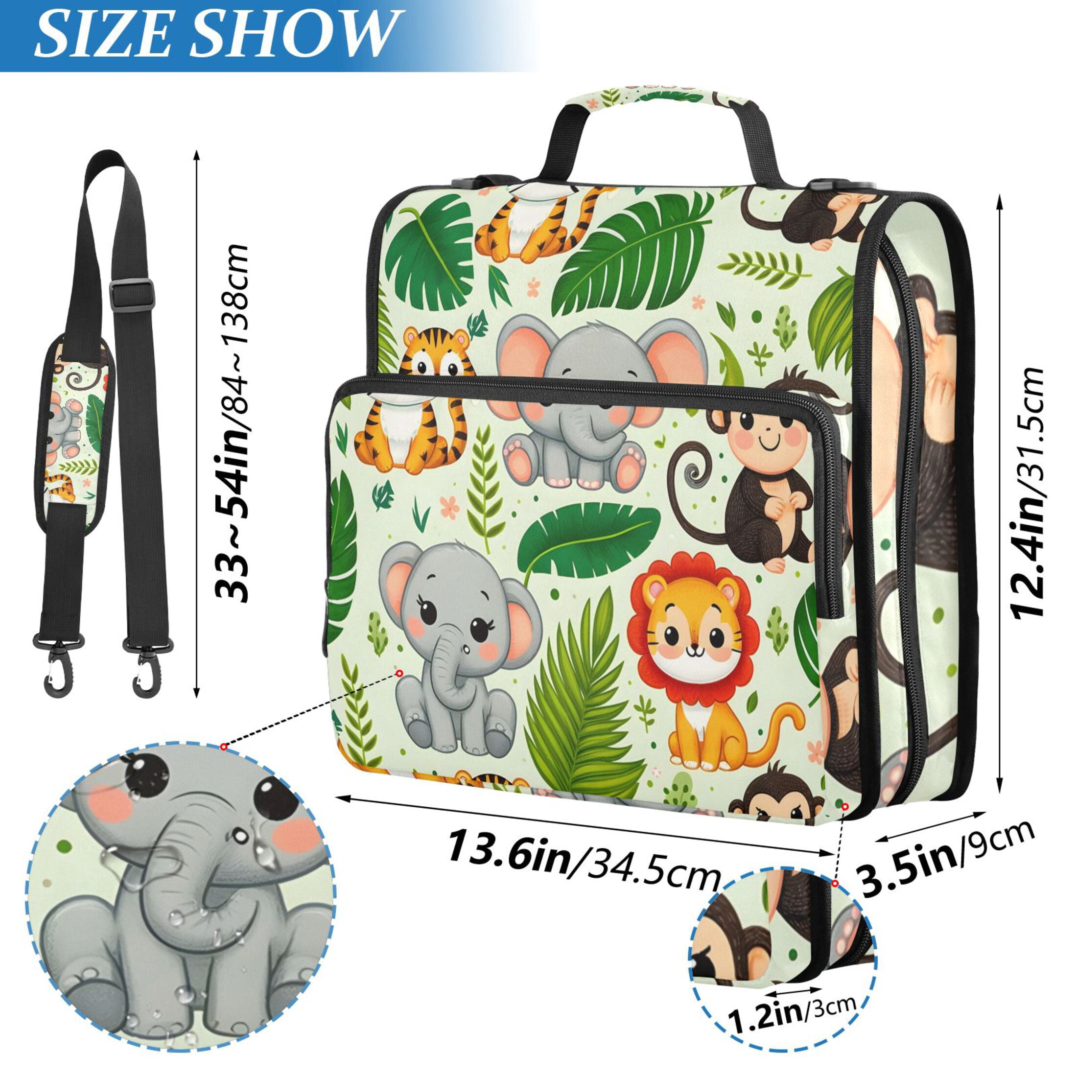 3 Ring Zipper Binder with Shoulder Strap Waterproof Trapper Keeper 2 Inch D-Ring 500 Sheets Capacity Cute Lion Tiger Monkey Elephants