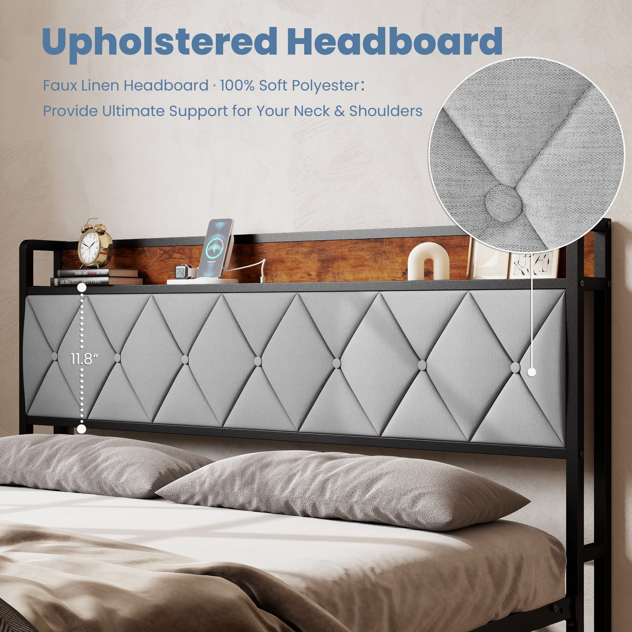 CONCETTA Queen Bed Frame, Heavy Duty Metal, Storage Headboard with Charging Station, Noise Free, No Spring Box Required, 880lbs Capacity