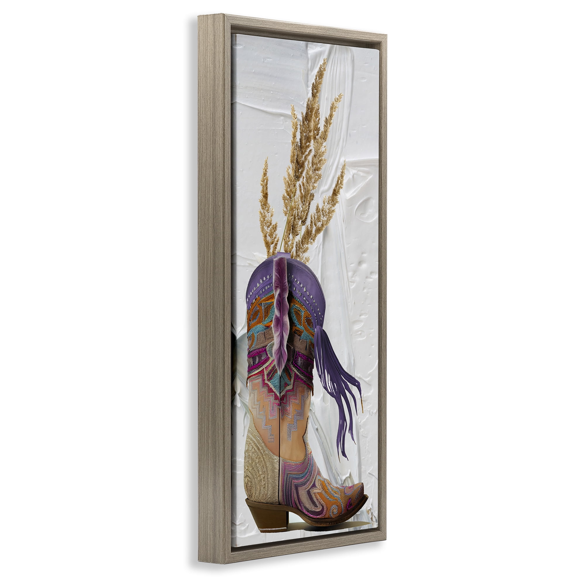 Stupell Industries Cowboy Boot & Wheat Botanical & Floral Painting Brown Floater Framed Canvas Art Print Wall Art, 15 x 31