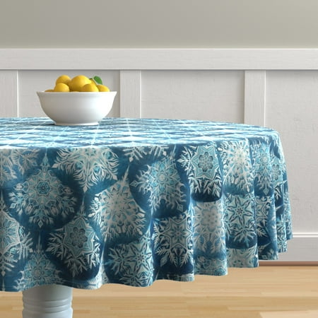 

Cotton Sateen Tablecloth 90 Round - Snowflakes Denim Blue Large White Ice Crystals Aqua Turquoise Winter Print Custom Table Linens by Spoonflower