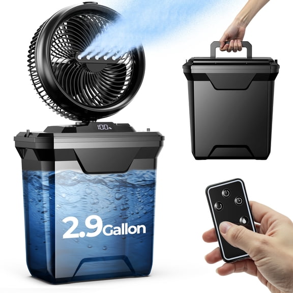 10 Inch Camping Misting Fan 2.91gal Tank, 20000mAh Cooling Battery Floor Fan with Remote, 4 Timers, 4 Speeds, 3 Mist Modes, 45°/90° Oscillation, 10° Tilt, Portable for Outdoors Patios, Travel