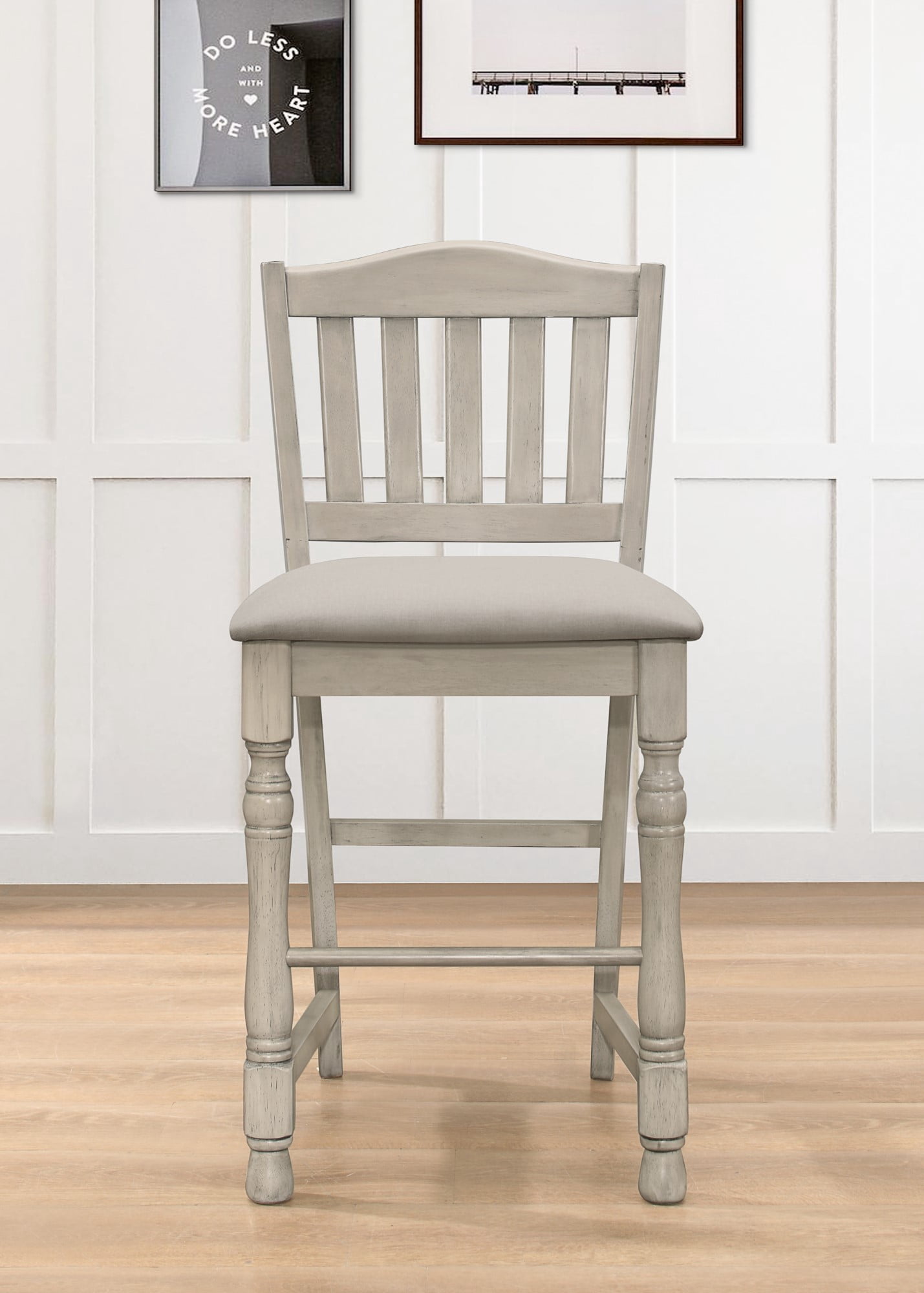 Home Design Ashley 5-Piece Round Counter Table with Square Storage Shelf and 4 Slat-Back Cushioned Chairs, Traditional Style, Comfortable Adult Seating, Turned Legs, Antique Gray/Warm Gray