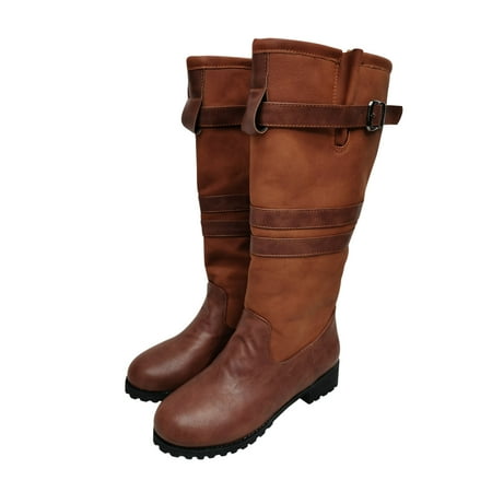 

LnjYIGJ Women s Middle Mid Calf Boots Winter Women Vintage Buckle Strap Boots Western Cowboy Slip On Retro Ladies Footwear Shoes