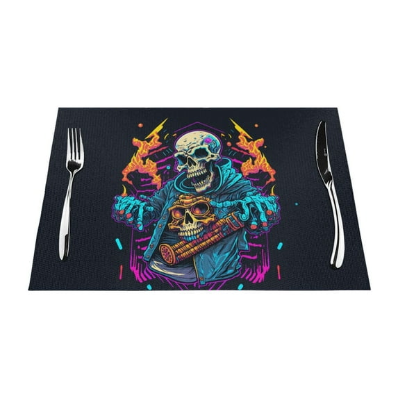 XMXT 6 Pcs Woven Placemats, Gaming Skull Print Stain Resistant Anti-Skid Placemat for Kitchen Table, 12 x 18 inches