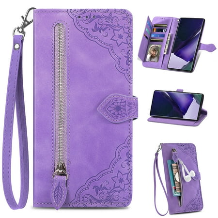 for OnePlus 11 Wallet Case, [Flower Embossed] Premium PU Leather Wallet Flip Protective Phone Case Cover with Card Slots and Stand with Wrist Strap for OnePlus 11, Purple