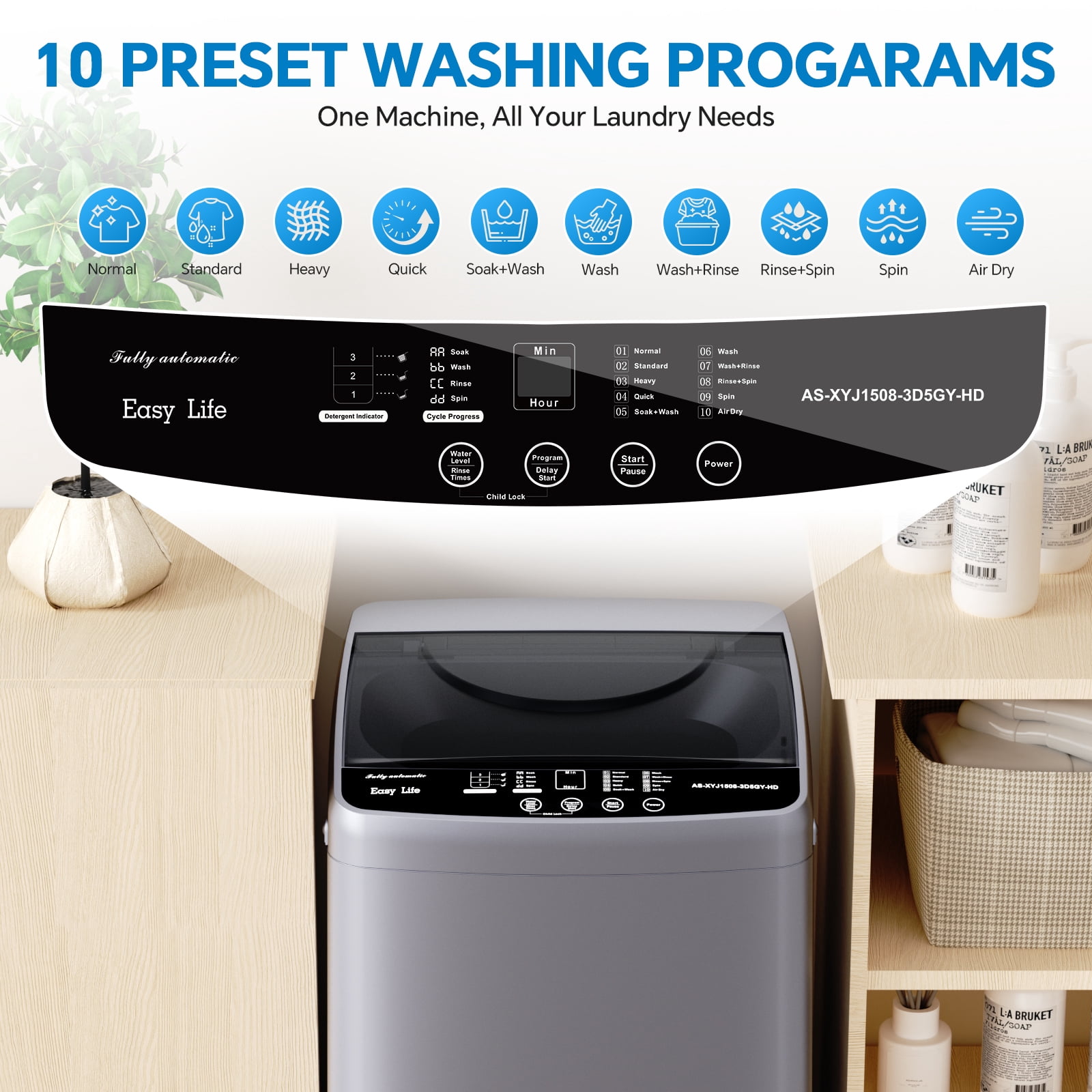Portable Washing Machine, 1.06 cu.ft Compact Automatic Washer and Dryer with LED Display,10 washing modes for Apartment, RV, Dorm, Home, Grey