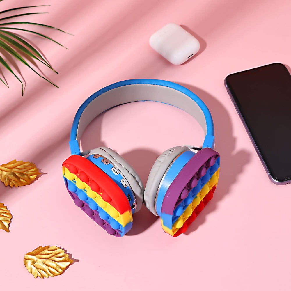 GORTES Fidget Headphones Kids Toy Headset, Wireless Bluetooth Headphone Pop Bubble On-Ear Headphone Fidget Toy Rainbow Color Fidget Headset for Children Adults (Blue)