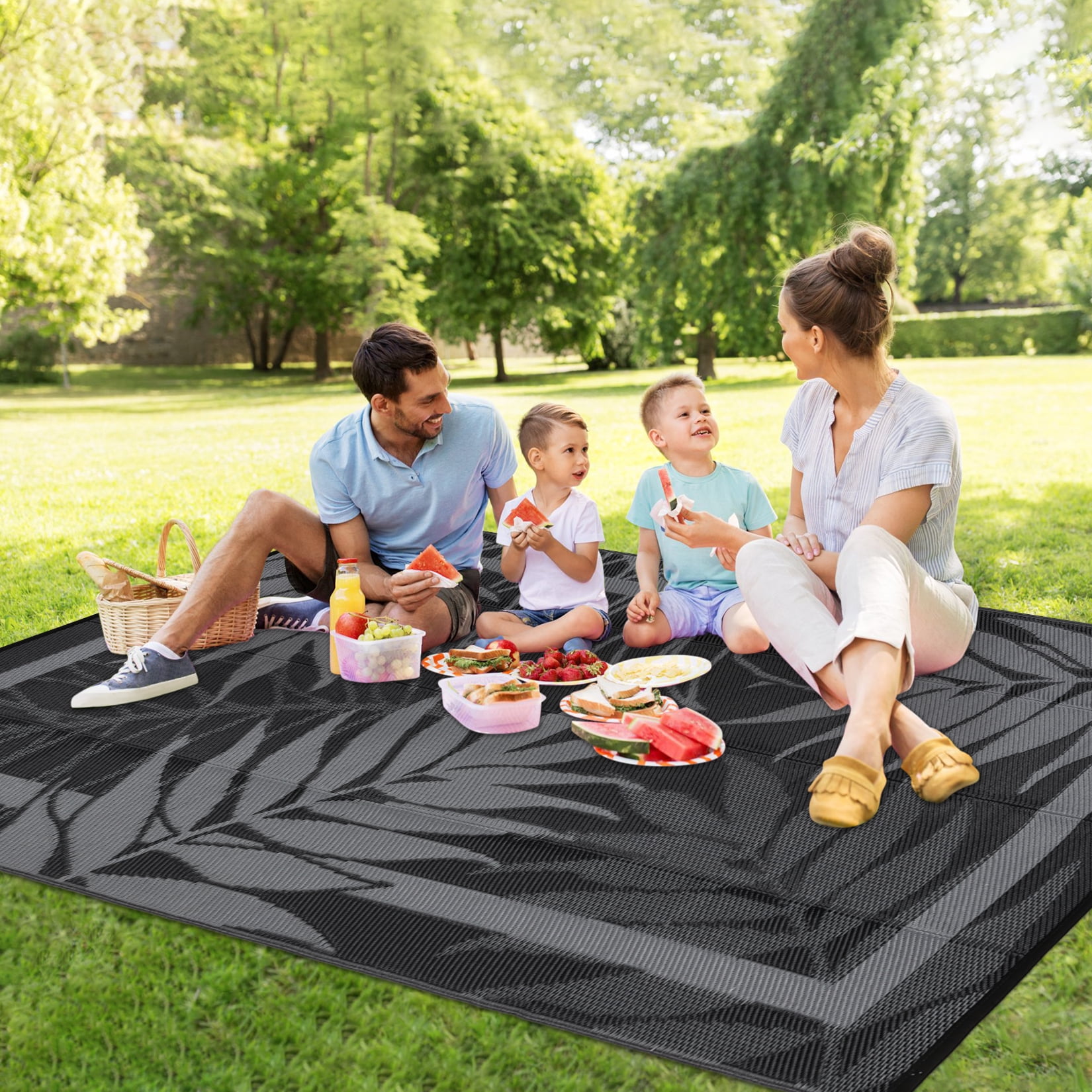Outdoor Waterproof Reversible Rug – Modern Black & Grey Plastic Patio Mat, UV & Fade Resistant, Non-Slip, Portable, Easy Clean – For Garden, Patio, Deck, Poolside, Picnic – 8x10ft