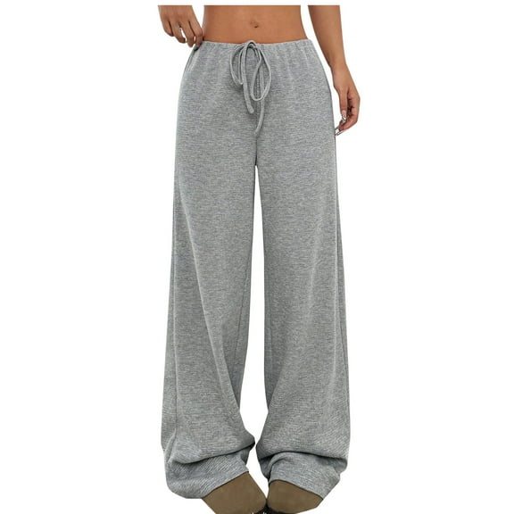 Women's Wide Leg Solid Baggy Pants Casual Drawstring Elastic Low Rise Pants Comfy Soft Lounge Wear Trousers