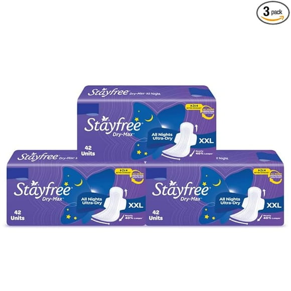 Stayfree Dry Max Xxl|Combo Pack 126 Pads|All Night Xxl Dry Cover Sanitary Pads For Women|Convert Heavy Flow Into Gel|Odour Control|Absorbs 2X More With Wider Back|Superior Dry Feel|Ultra Thin Pads|
