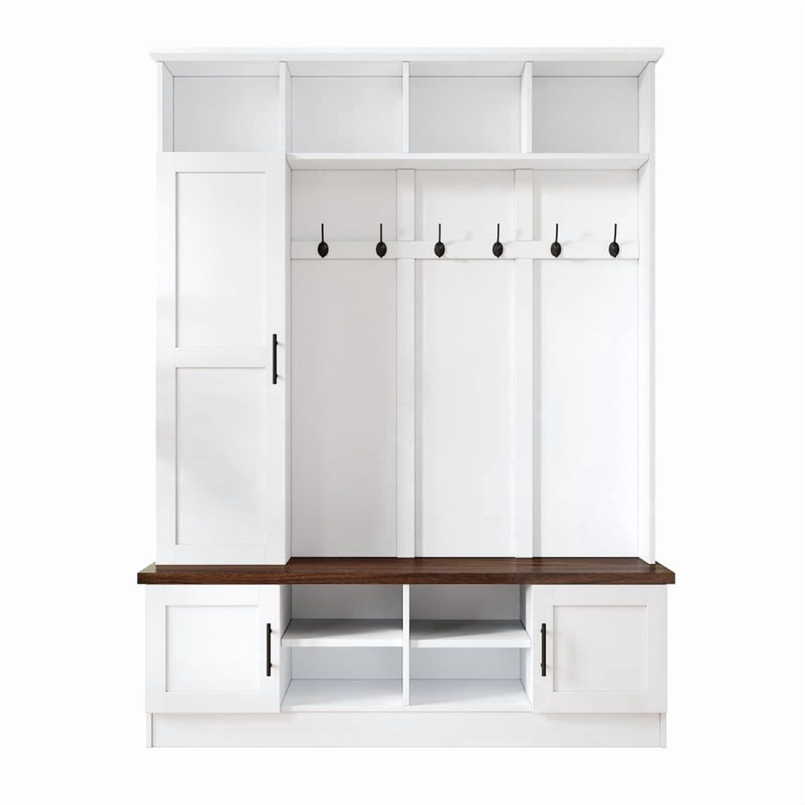 Farmhouse 3-in-1 Hall Tree with 6 Hooks, Entryway Coat Rack with Adjustable Shelves, Versatile Shoe Storage Bench with Open Cubbies