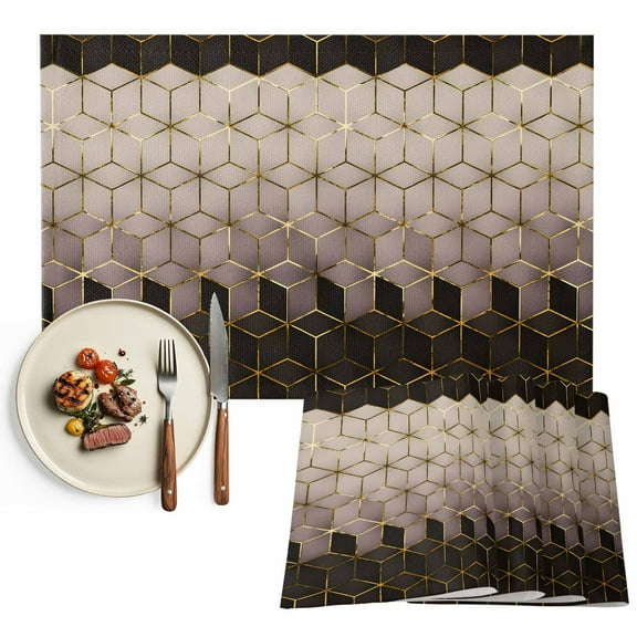 Abstract Watercolor Placemats Set of 8, Geometric Cube Pattern Table Mats Washable Heat-Resistant Non-Slip Place Mats for Kitchen Dinner Table Indoor Outdoor Decor,13x19 Inch Brown