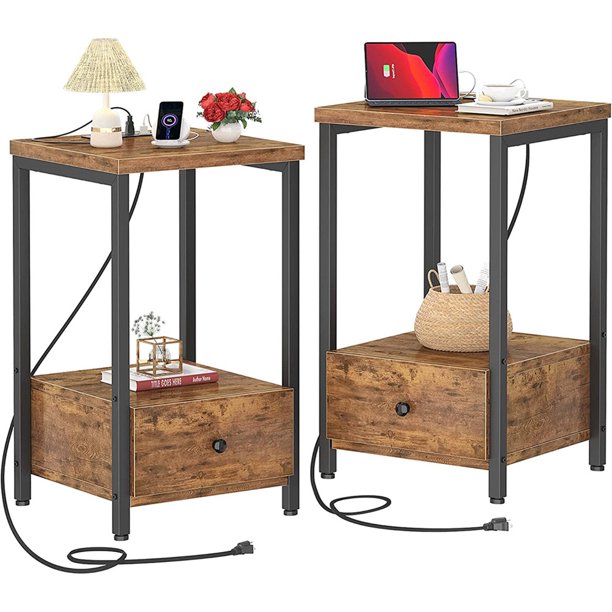 Set of 2 nightstands with charging station, modern nightstand with