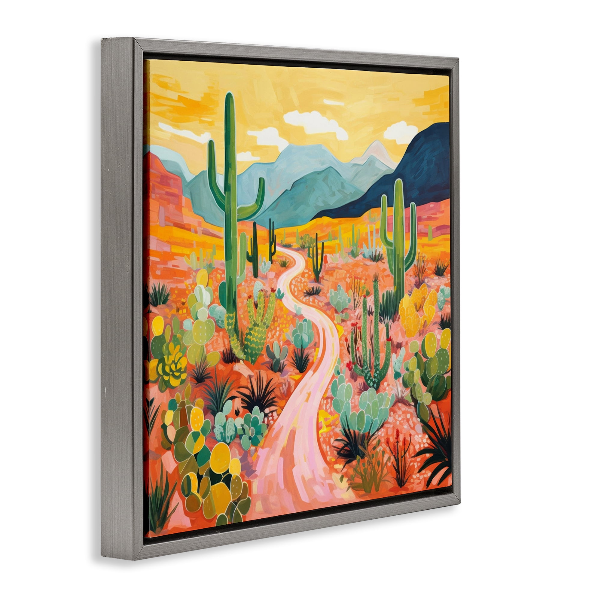 Stupell Industries Sunrise over Desert Path Landscape & Nature Painting Gray Floater Framed Canvas Art Print Wall Art, 18 x 18