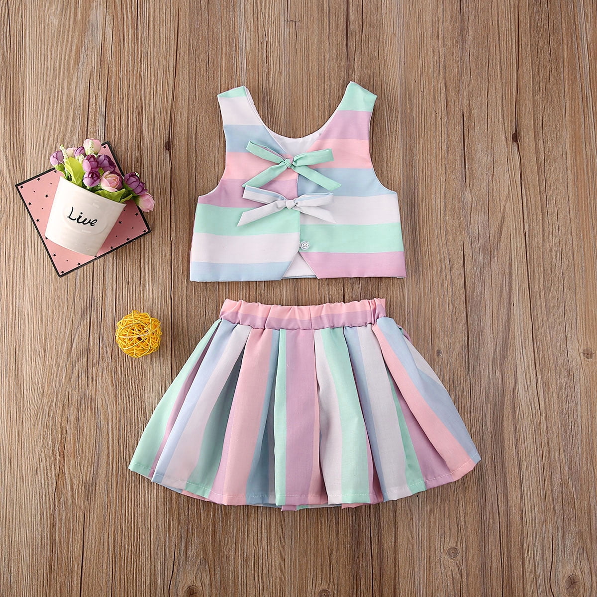 【Bellialeu】Baby skirt Kiapeise Baby Girl Pleated Skirt Sets, Striped Print Vest