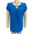 thumbnail image 1 of Blusa de mujer con mangas cortas de pétalos, pliegues en el busto y agujeros, estilo casual de color puro - Talla M Blusa de verano azul real, 1 of 3