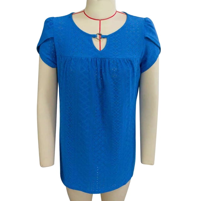 Blusa de mujer con mangas cortas de pétalos, pliegues en el busto y agujeros, estilo casual de color puro - Talla M Blusa de verano azul real