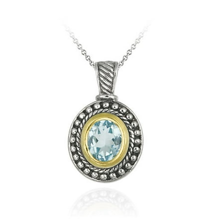 

Autoster Sterling Silver Two Tone Designer Inspired Blue Topaz Oval Pendant w/ Beaded Border - PT11399BT