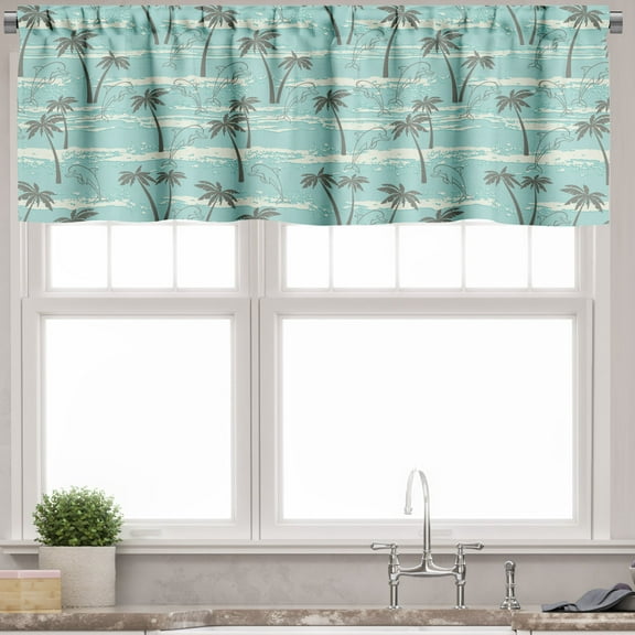 Ambesonne Summer Valance Pack of 2, Palms Dolphins and Waves, 54"X18", Grey Seafoam Ivory
