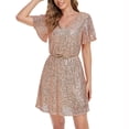 thumbnail image 6 of Daiosportswear Women'S V Neck Sequin Sparkly Short Sleeve Tunic Tshirt Dress Loose Glitter Cocktail Party Mini Dress,Women'S Short-Sleeved Dress Gold 10(XL), 6 of 7