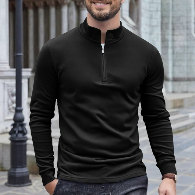 Timdgard Fall Tops for Men Thermal Underwear Zipper Stand Collar Long Sleeve Comfy Fitting Pullover Tops