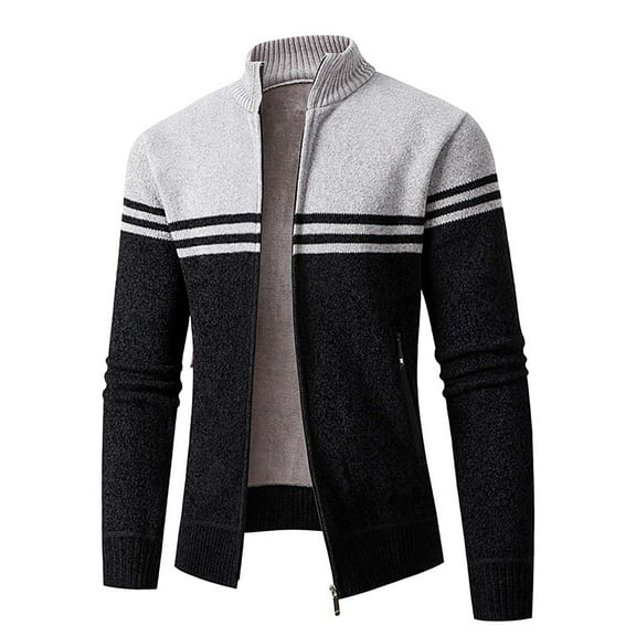 Tiweut Sweaters Coat for Men Fall and Winter Zipper Long Slee Turtleneck Velvet Knitted Cardigan Regular Tops Black,L
