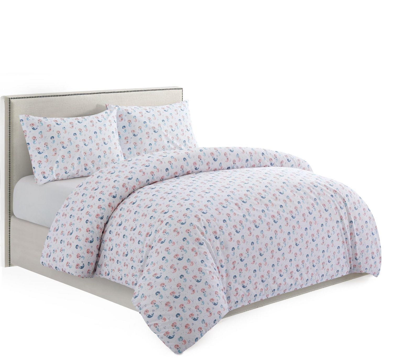 Literie Marina Décoration pour enfants et filles, en percale de coton doux 600 fils, avec fermeture éclair et lien d'angle, motif sirène.