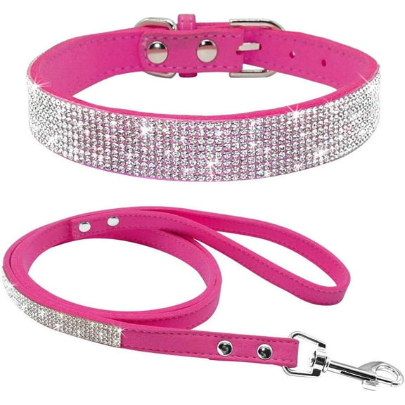 Rhinestone Bling Leather Dog Collar and Leash Set, Cute Dazzling Sparkling Soft Velvet Dog Cat Collar Crystal Diamond Puppy Collar