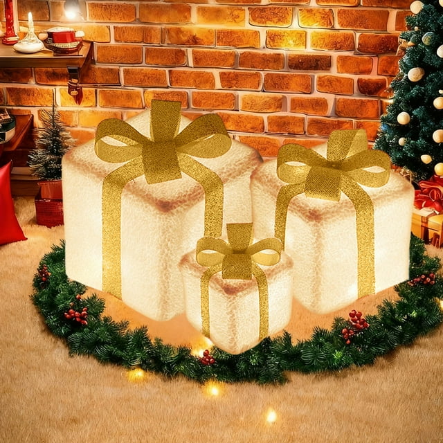 Juego de 3 Cajas Navideñas con Luces Led | Decoración Exterior | Material de Pvc Blanco | 8 Modos | Uso Interior/Exterior | 3 Pilas Aa | Variedad de Adornos Navideños | 25,5 X 25,5 X 25,5 Cm, 20,5 X