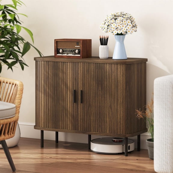 Demi Bonn 35" Sideboard Buffet Cabinet with Storage, Nordic Coffee Bar Cabinet with Slatted Tambour Doors and Metal Legs for Dining Room, Entryway, Walnut